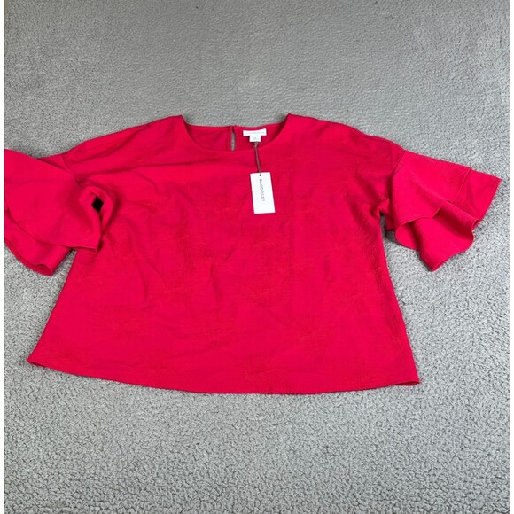 Liz Clairborne Blouse Womens M Red Floral Bell Sleeve Stretch Textured - Picture 1 of 12